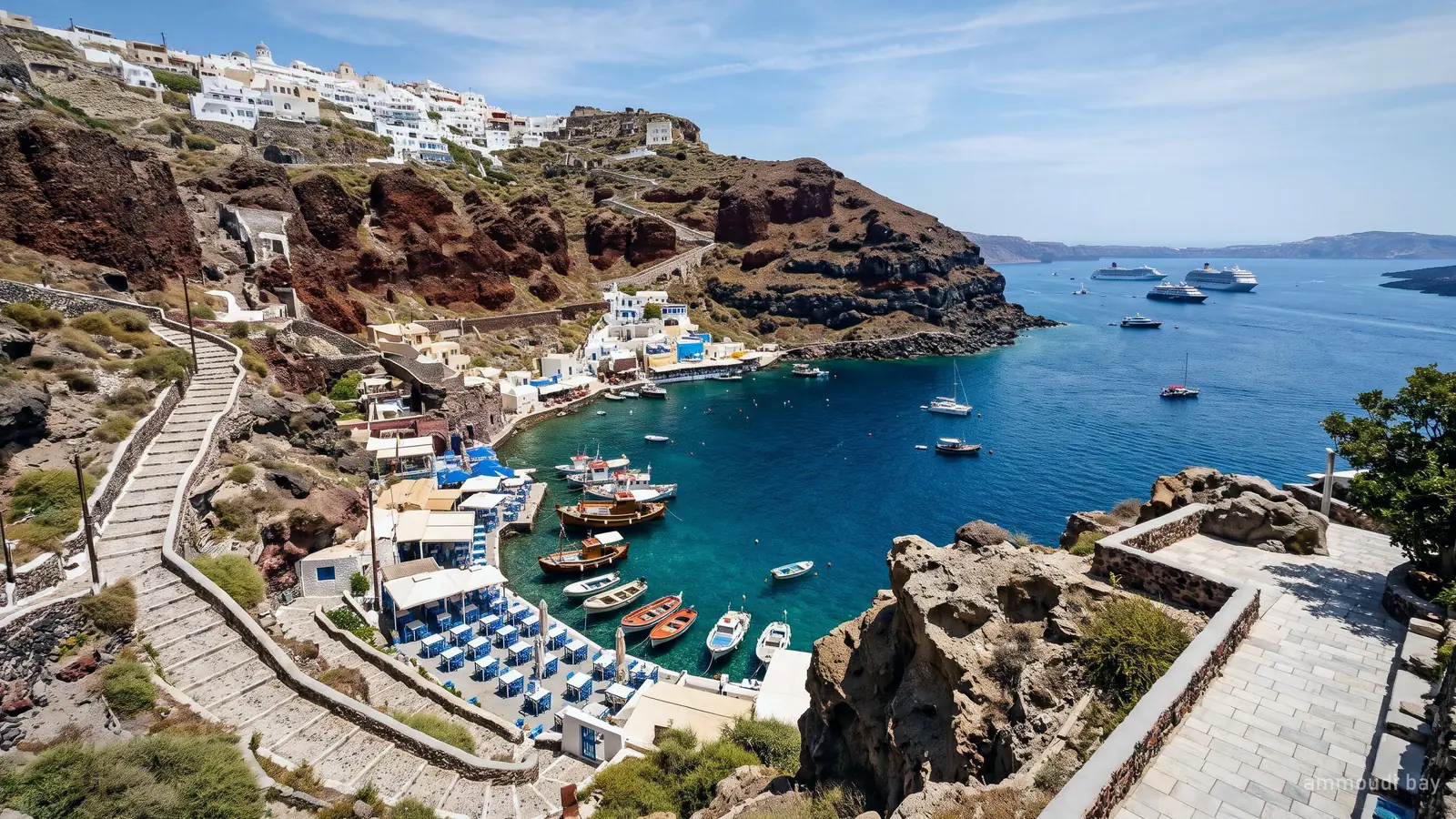 Ammoudi Bay below Oia: the stepped path, the waterfront tavernas and small boats at the quay