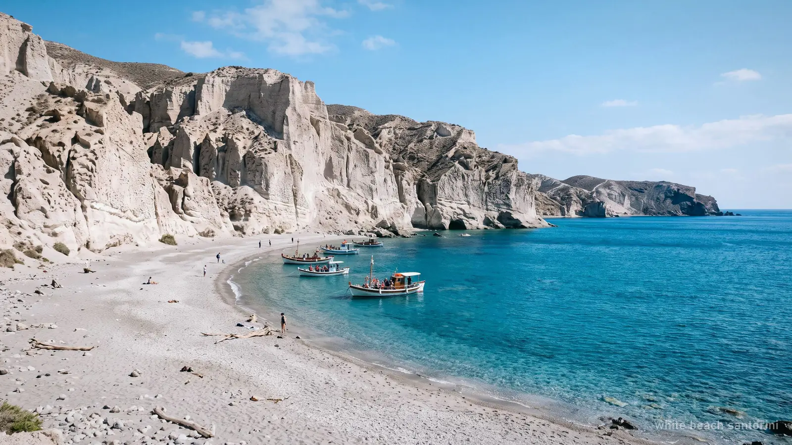 White Beach, a pale-cliffed cove near Akrotiri with a small boat at the shore